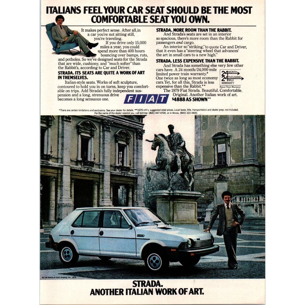 1979 Fiat Strada Hatchback Vintage Print Ad Equestrian Statue Marcus Aurelius